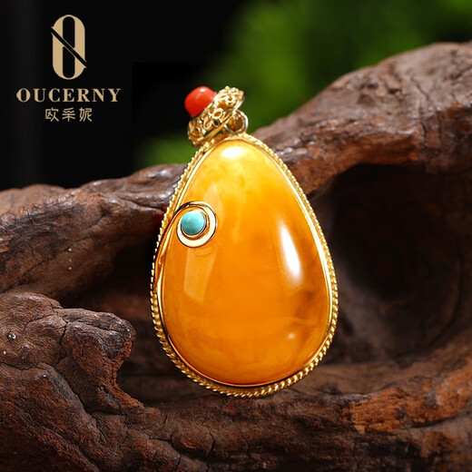 Ozeni beeswax pendant 925 silver inlaid, turquoise southern red inlaid natural Baltic amber chicken fat yellow new honey hanging chain water drop men and women rough stone 925 silver inlaid beeswax pendant