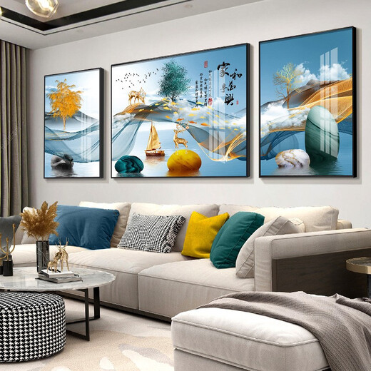 Mo Painting Lulin Modern Simple Living Room Decoration Painting New Chinese Sofa Background Wall Mural Landscape Painting Hall Triangle Landscape Painting 2-Home Harmony All-in-One 12107 Mirror Crystal Porcelain Middle 100*70 Side 50*70 Gold Frame