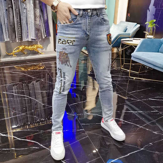 柯捷豪欧洲站秋季潮牌男士牛仔裤白色烫钻刺绣印章仔潮流修身弹力小脚裤 白色6621 29 (腰围2尺2)