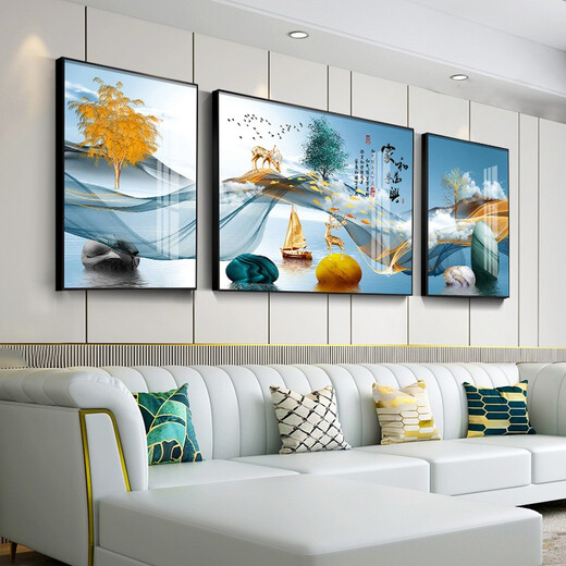 Mo Painting Lulin Modern Simple Living Room Decoration Painting New Chinese Sofa Background Wall Mural Landscape Painting Hall Triangle Landscape Painting 2-Home Harmony All-in-One 12107 Mirror Crystal Porcelain Middle 100*70 Side 50*70 Gold Frame
