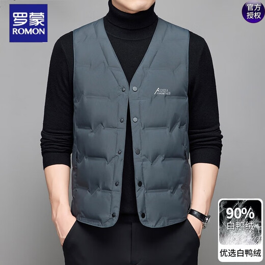 ROMON men's V-neck white duck down vest vest in autumn and winter daddy's outfit warm sleeveless vest top men's jacket 9904 black 170/M