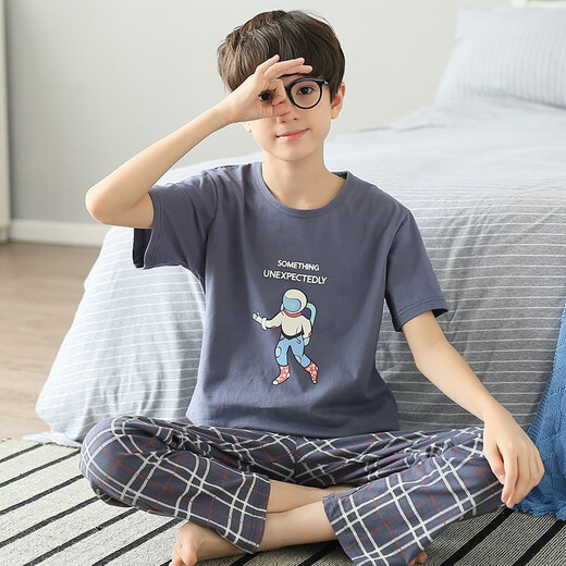 曼妮朵儿童睡衣男孩大童夏季薄款短袖长裤空调服青少年男童纯棉家居服 F728【短长】 185 加大版XXL码【体重155-180】