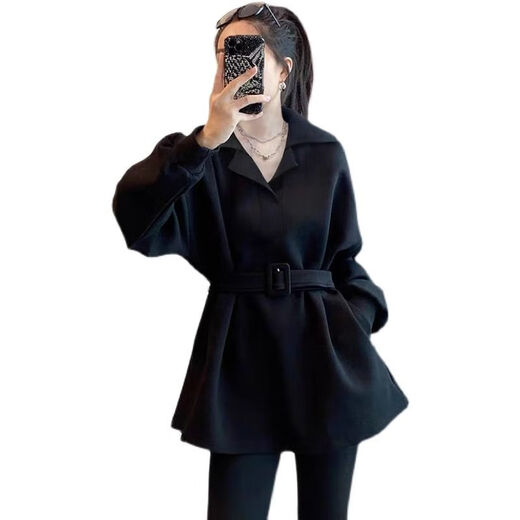 NLMC hip-covering tops with shark pants stand spring and autumn plus size women's clothing for fat mm black suit collar waist sweatshirt women niche black M