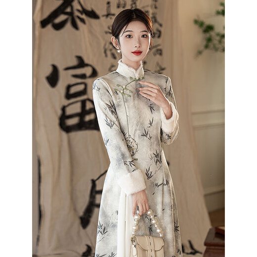 Du Yanzhi cheongsam new autumn and winter long-sleeved velvet thickened young style ink Chinese style improved dress flower shadow-silver white fur collar style L (165) 100-110Jin Jin equals 0.5 kg