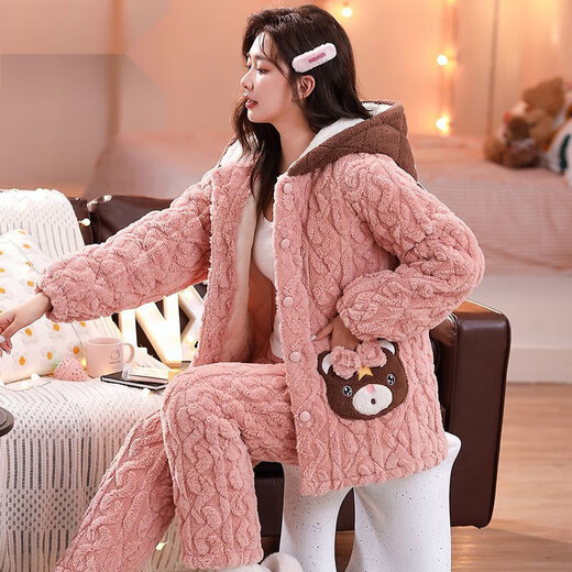 Modal pajamas for women in winter, three-layer thickened cotton coral velvet flannel in autumn and winter, warm home clothes can be worn outside. 9901 blue [medium-length style] M [suitable for 80-100Jin [Jin equals 0.5 kg]]