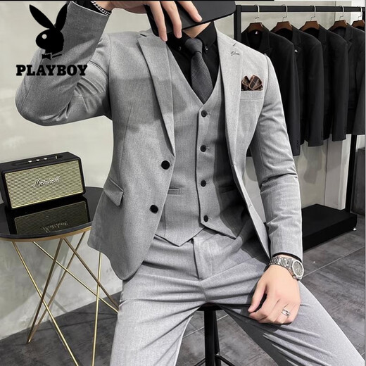 花花公子（PLAYBOY）西装男套装英伦风正装韩版修身休闲结婚新郎高级西服外套男士礼服 深灰色(外套+裤子+衬衫) S