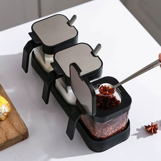 Kitchen solution seasoning box container seasoning jar combination kitchen supplies salt shaker sealed glass storage box 4-piece set with base