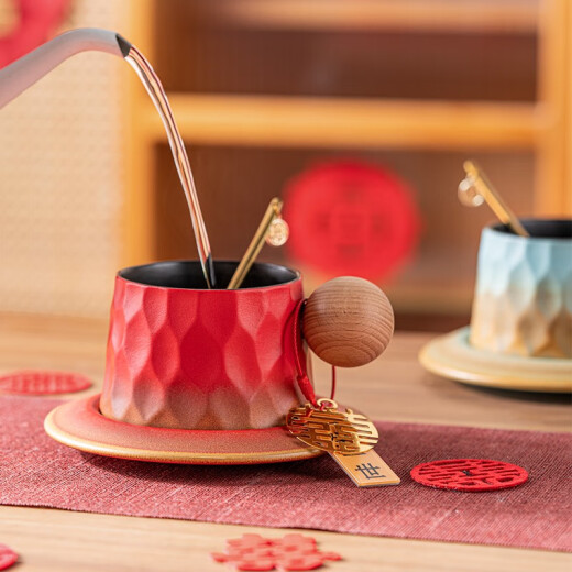 Cadeau de fiançailles de mariage haut de gamme Han Hui pour mariée, couple de mariée, amis, meilleur ami, souvenir pratique, ensemble de tasse H63 [rouge + bleu] coffre-cadeau