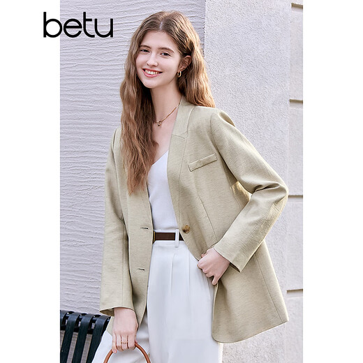 Betu Women's 2025 Spring New Suit V-neck Fashion Temperament Loose Casual Suit Jacket Women 2502T84 Khaki M