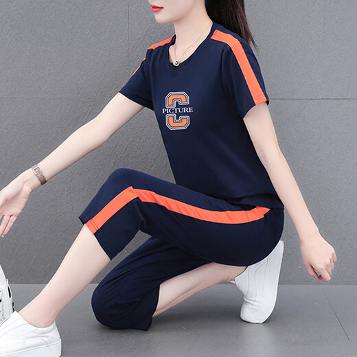 NY-EMMA运动套装女短袖夏季薄款高档洋气减龄棉质休闲时尚跑步服两件套 687卡其（七分裤套装） M(建议80-95斤)