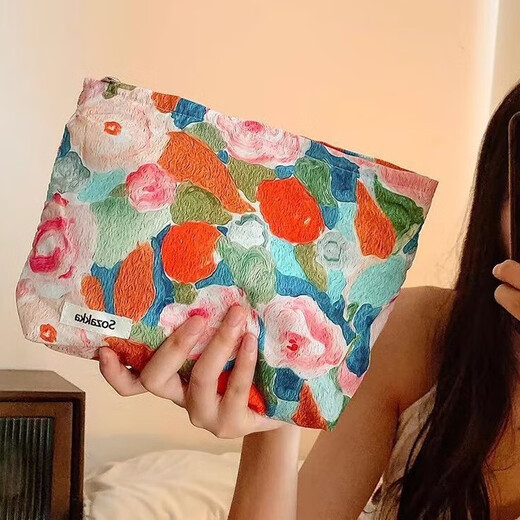 Fan Yejia Ins Style Make -up -Beutel große Kapazität tragbare Innenverbindungsbeutel Hautpflegeprodukte Aufbewahrungstasche Jacquard Tuch Zertifikat Toilettenbeutel Ölmalerei Orange Pulver 26*19*5 cm