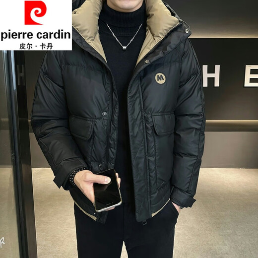皮尔卡丹短款羽绒服男士冬季连帽防寒服加厚加绒保暖白鸭绒休闲外套男装 Y6630黑色 XL