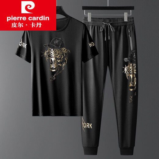 Pier Cardin ironing set T-shirt men's sportswear casual sports brand ice silk short sleeves handsome fashionable combination 5012 black set 2XL