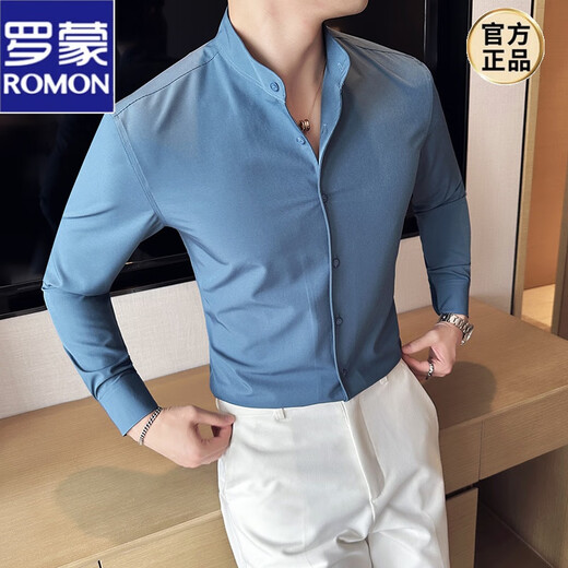 ROMON new Chinese style summer new high-end stand-up collar shirt men's long-sleeved shirt stretch drape shirt blue top white XL (135-150Jin Jin equals 0.5 kg)