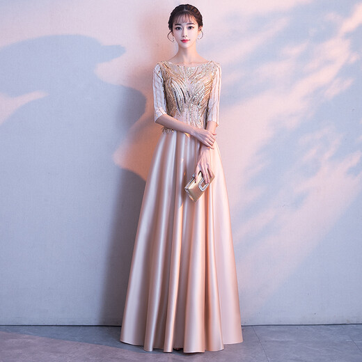 Li Baixin high-end evening dress women's new noble banquet temperament dress long host chorus performance clothing champagne color XXL