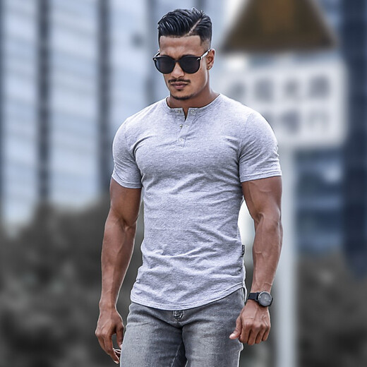 BensonVision sports short-sleeved fitness training t-shirt running casual top solid color slim fit Henry collar bottoming shirt men's summer grass green S