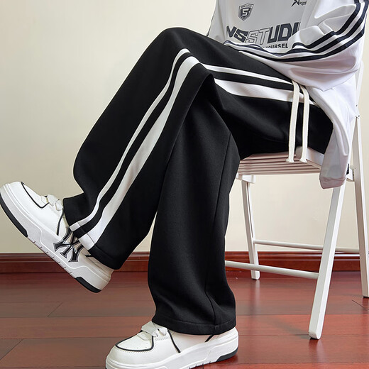 Dingfengbaoluo pantalones casuales rectos americanos de otoño para hombre pantalones deportivos de pierna ancha holgados a rayas DFK46 negro XL