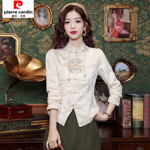 Pierre Cardin New Chinese Style Stand Collar Tassel Button Shirt Slim Fit Chinese Style Tang Suit Embroidered Jacket Women's 24 Early Spring Long Sleeve Top Apricot 2XL Size Recommendation 120-130 Jin Jin is equal to 0.5 kg