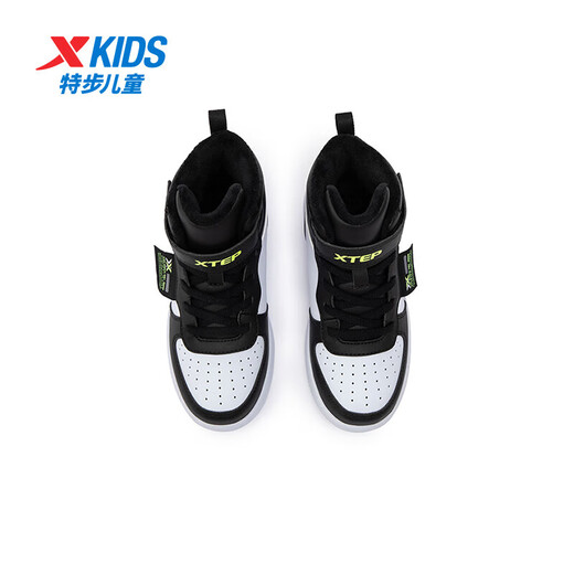 Xtep children's cotton shoes leather surface moisture-proof and stain-resistant high-top sneakers warm and comfortable Velcro high-top sneakers black/new white 31