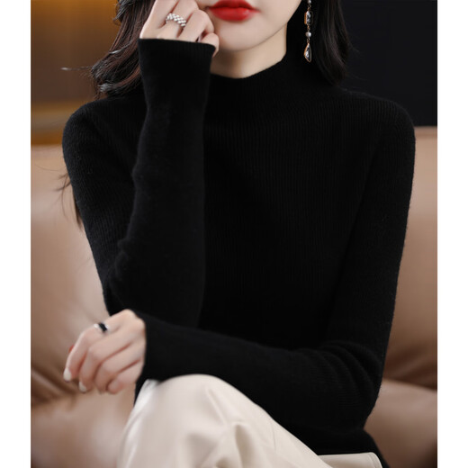 GUJIN knitted bottoming shirt for women, half turtleneck sweater, slim long-sleeved mid-collar top, black