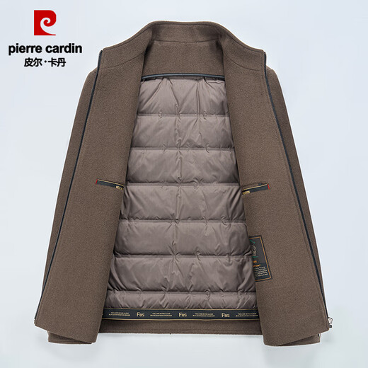 皮尔卡丹（pierre cardin）品牌羊毛呢子外套男秋冬短款鹅绒内胆立领中年爸爸双面呢夹克针织 咖色 M 170 100-125斤