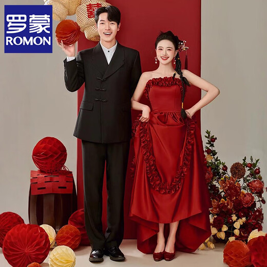 ROMON Zhongshan suit new Chinese suit men's Tang suit suit high-end loose new style engagement wedding groom dress black [top + pants + stand-up white shirt] M