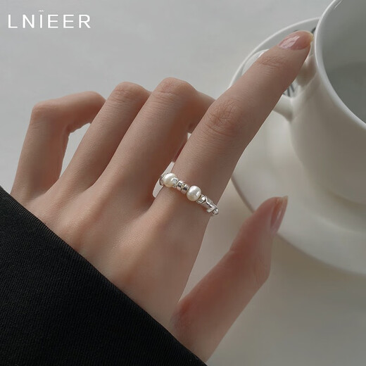 LnieerS925 Silver Broken Silver Pearl Ring Women's Light Luxury Niche Design Ring Index Finger High-Quality Ring Ring Broken Silver Pearl Ring (Size Adjustable)