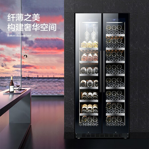 Odino Wine Cabinet Home Living Room Commercial Constant Temperature Red Wine Cabinet Double Temperature Double Door Integrated Home Living Room Commercial Air Cooled Large Capacity Cool Dry Goods Tea Medicine Preservation Refrigerator Anti-fog Door Wine Cabinet Display Hanging Cup + Ice Bar Style Thin Style