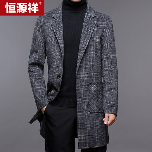 Hengyuanxiang double-sided woolen coat for men, autumn and winter middle-aged men's business casual mid-length woolen coat plaid woolen coat 21A15 170/88A