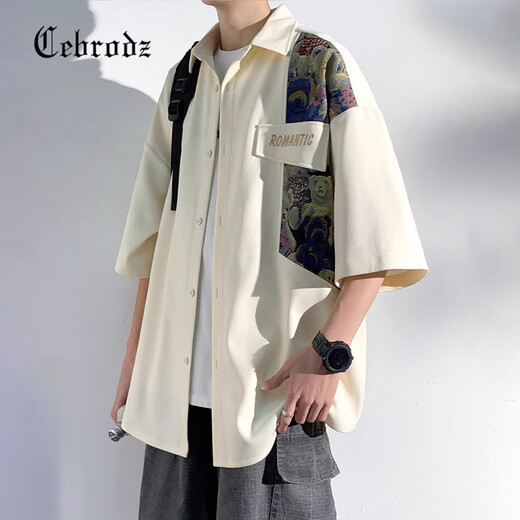 Cebrodz法国 短袖衬衫男新中式国风男装拼接上衣夏季潮流高级感痞帅外套 米白色 L