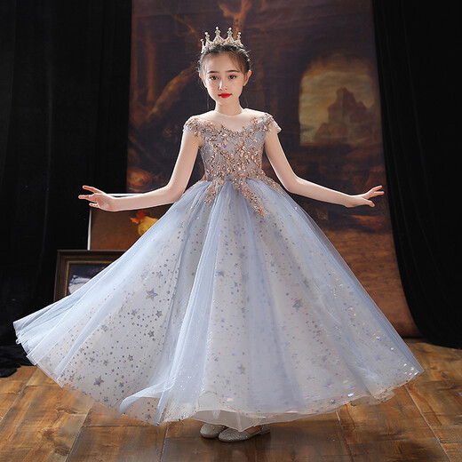 
apfelbaum girl princess skirt children host flower girl puffy tiara evening dress little girl high-end piano performance suit spring and summer gray-blue long (long sleeves) 170cm