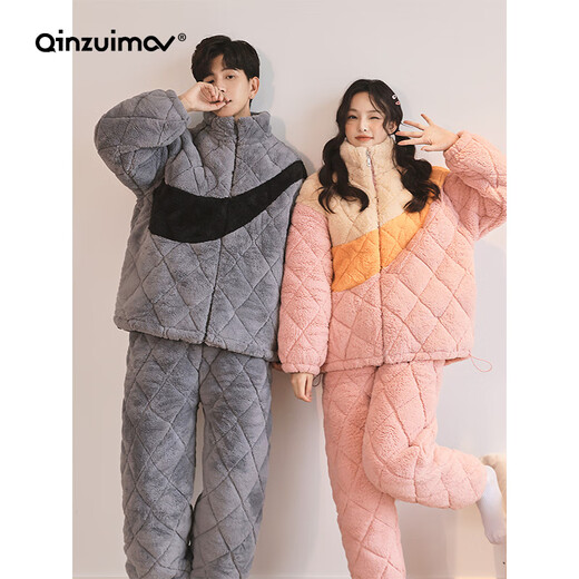 亲嘴猫（QINZUIMAO）情侣睡衣冬季可爱冬天三层加厚家居服珊瑚绒夹棉男女士套装 6167 M 3层