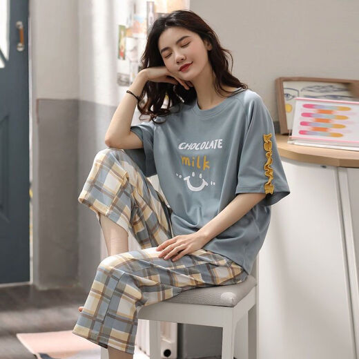 莫代尔新款睡衣女士夏季短袖七分裤套装宽松大码短裤可外穿薄休闲家居服 短袖七分裤：679 可爱熊 M 建议70-95斤穿