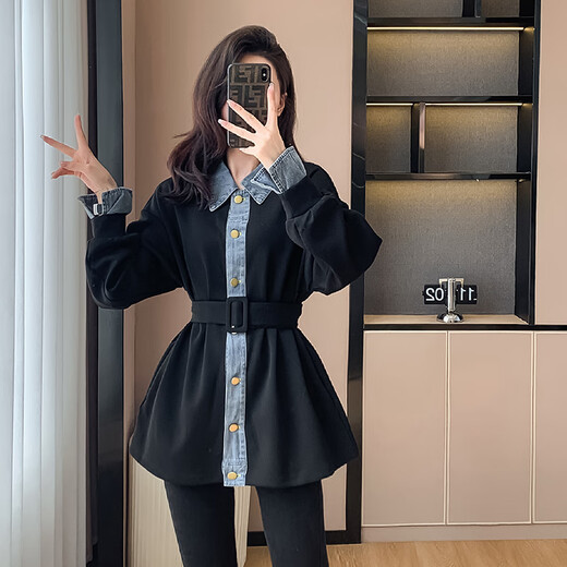 Lisaft Black Spliced Denim Sweater Women's Jacket Spring and Autumn Slim Waist Cardigan Top 2024 New Regular Black L (recommended 115-130 Jin Jin equals 0.5 kg) Lisaft Black Spliced Denim Sweater Women's Jacket Spring and Autumn Slim Waist Cardigan Top 2024 New Regular Black L (recommended 115-130 Jin Jin equals 0.5 kg)