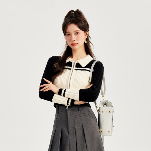 凡兔凡兔翻领弹力短款针织衫女2024春季新款修身麻花毛衣撞色打底衫 黑白色 S