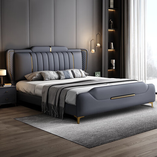 Leather bed modern and simple new style wedding bed 1.5m 1.8m double master bedroom king bed Italian light luxury leather bed flagship version leather bed delivered to home 1800mm*2000mm frame structure