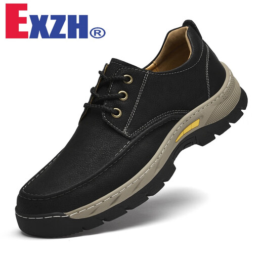 EXZH brand genuine leather outdoor sports hiking shoes men's casual leather shoes daddy's anti-slip cowhide thick sole waterproof tooling wide version 9715 black 39