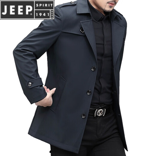 JEEP SPIRIT men's windbreaker 2023 spring and autumn middle-aged men's windbreaker mid-length short collar jacket casual dad wear black (suit cloth single) 2XL 185