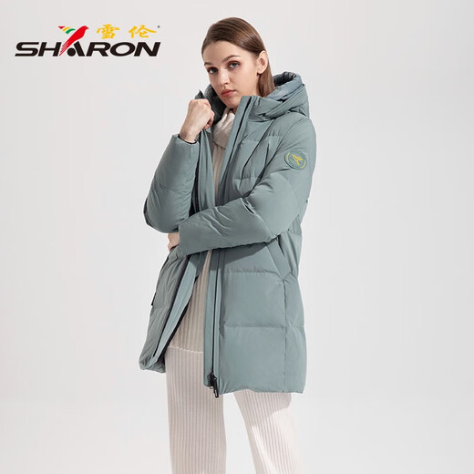 雪伦反季中长款羽绒服女简约百搭袖标秋冬外套 13567 马卡龙蓝 L