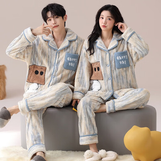 Emanan winter warm coral velvet couple pajamas for women thickened and velvet simple casual flannel men's home wear set GEY7886 women's XL