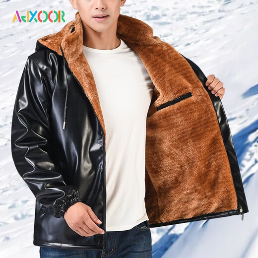 AJXOOR leather jacket and leather pants suit plus velvet and thickened men's leather jacket waterproof loose casual winter hooded work cotton coat detachable hooded top thickened 3XL recommended 138-155 Jin Jin equals 0.5 kg