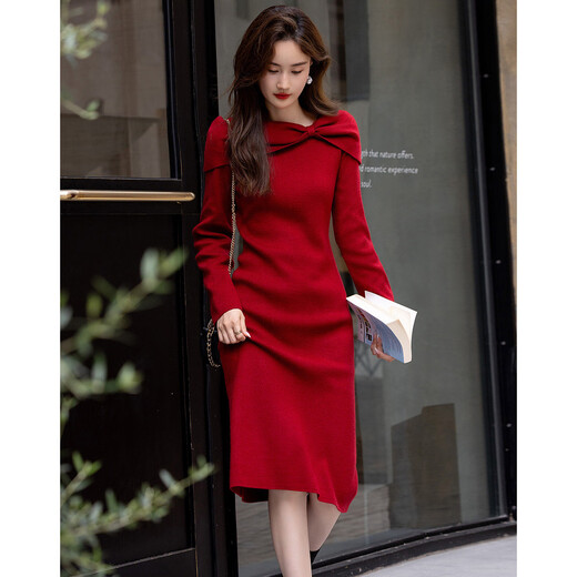 Demana Kim Secretary Outfit Autumn and Winter French Intellectual Little Woman Butterfly One-Neck Knitted Mid-Length Women's Dress