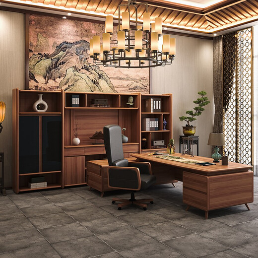 Qiheng (XIIBLC) new Chinese style solid wood boss desk office desk and chair combination high-end walnut president desk supervisor manager desk executive desk North American black walnut 2 meters desk + (side table)