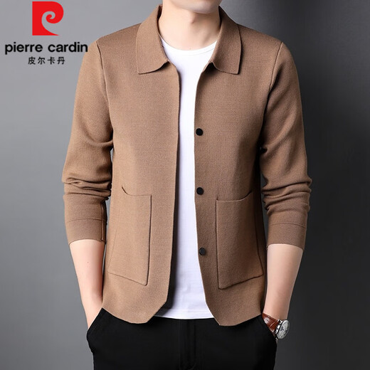 皮尔卡丹（pierre cardin）轻奢高档男装 针织开衫男2022春秋季休闲纯色毛衣外穿中青年男装 卡其 175/L