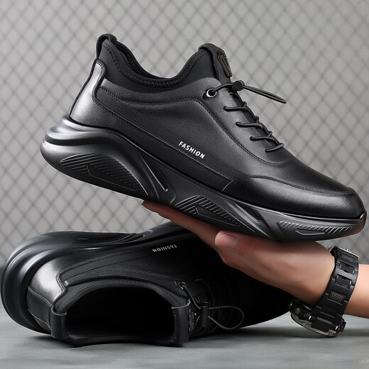 GENAI New Genuine Leather Sports Shoes Men's Casual Shoes Casual Leather Shoes Men's Business Shoes Heightening Shoes Trendy Shoes Men's Shoes Black Genuine Leather + Elastic Mouth Four Seasons Trendy Shoes 40 (250mm)