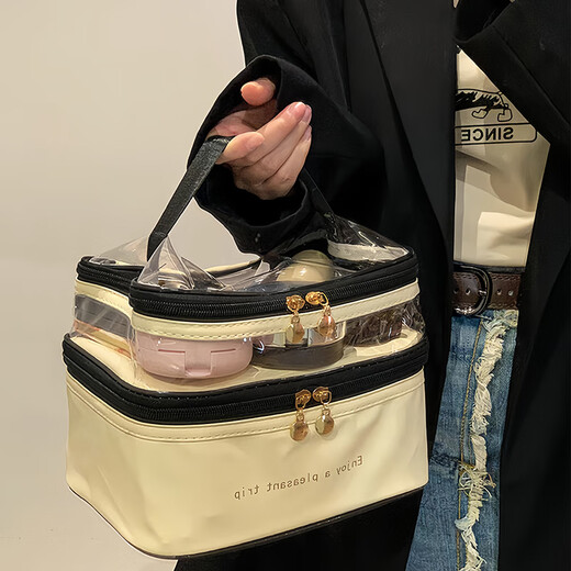 Baby Beile Makeup Bag Women's Large Capacity Washing Bag High-Precision Portable Travel Double-Layer Transparent Waterproof Washing Storage Bag Handheld Beige-Cosmetic Bag