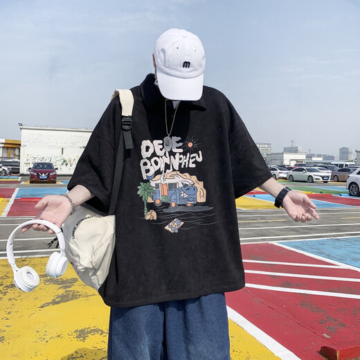 Shelley Jones美式polo衫男夏季重磅欧美高街ins潮流潮牌宽松青少年学生上衣服 橄榄绿 XL
