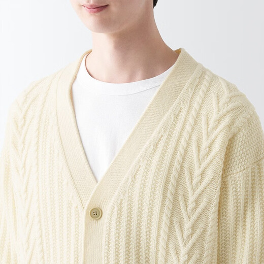 无印良品 MUJI 男式 美利奴羊毛 缆绳花纹 V领开衫 长袖针织衫 AA0PKA3A 原色 L (175/100A)