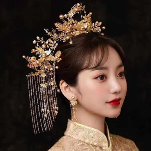 Lingchuan bridal headdress Xiuhe headdress new Chinese style simple cheongsam Xiuhe suit wedding phoenix crown hair accessories for women full set of ear clips + bracelet + gift box
