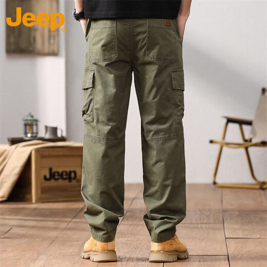 Jeep (JEEP) overalls men's autumn and winter casual pants men's loose trendy pure cotton straight-leg men's pants military green L